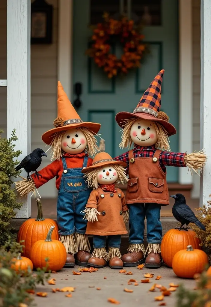 16 Creative Halloween Porch Ideas That Will Get You in the Spooky Spirit (Don’t Miss #5!) - 10. Family of Scarecrows