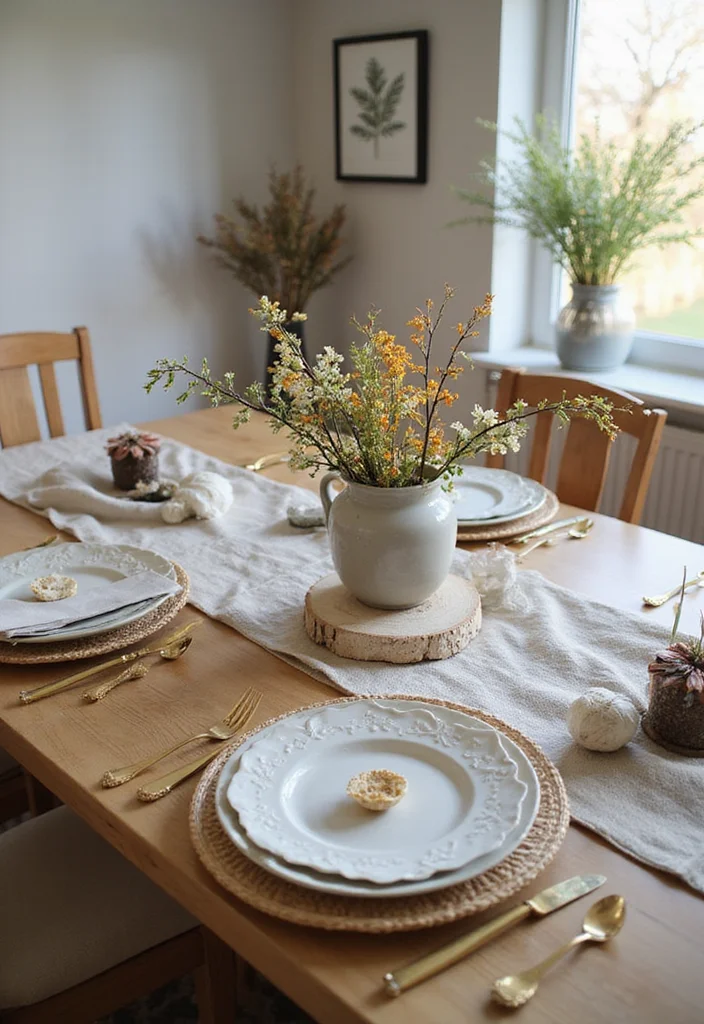 14 Creative Spring Table Centerpieces Perfect for Family Gatherings (Try #9!) - 11. Table Runner with Seasonal Finds 1